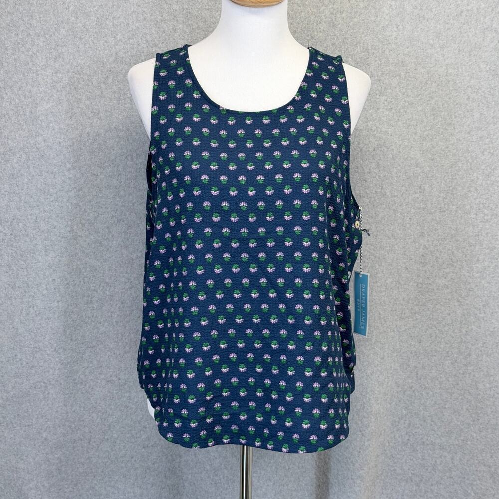 NWT Draper James RSVP Womens Large Navy Floral Side Button Tank Top Blouse